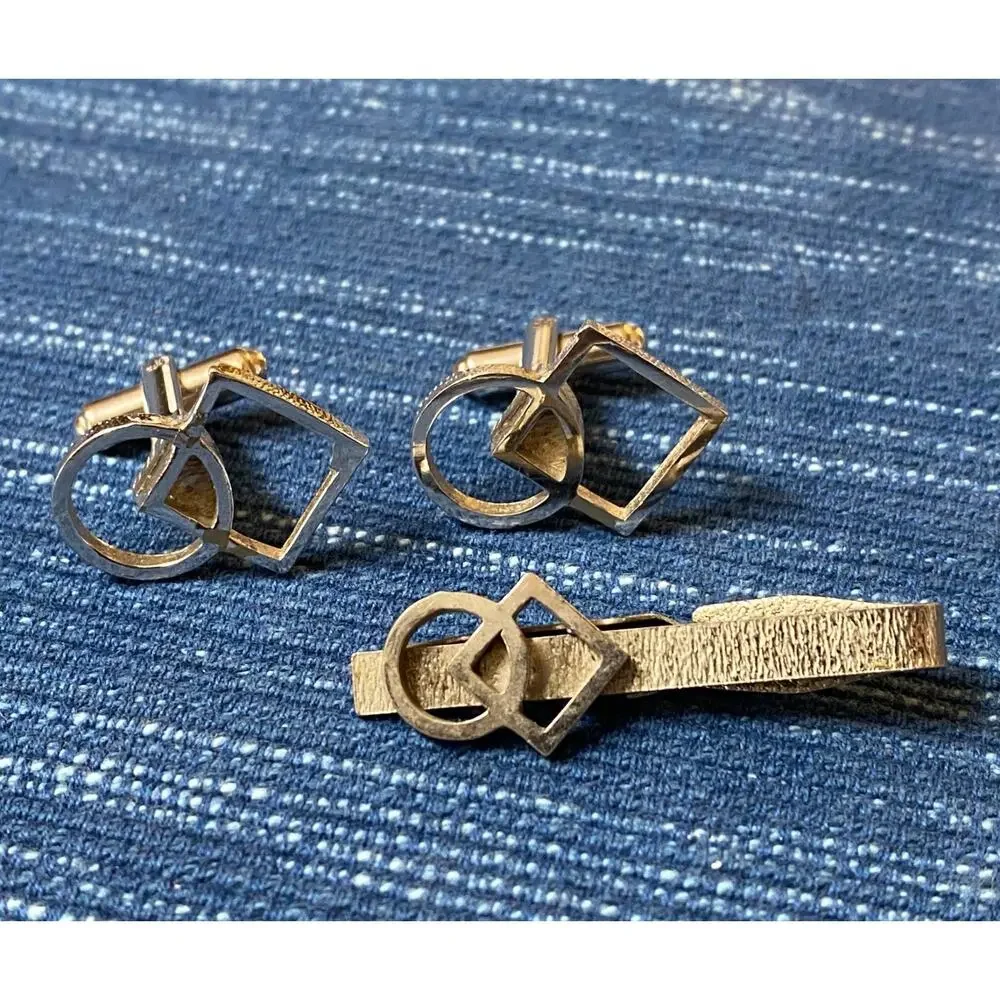 Vintage Geometric Circle Square Tie Bar Clip Cufflink Set 49B